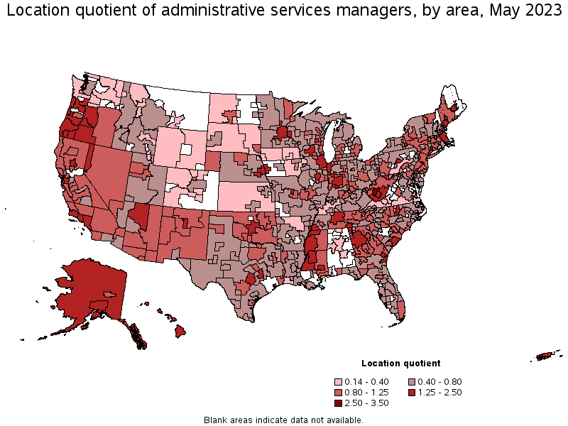Map of location quotient of administrative services managers by area, May 2023