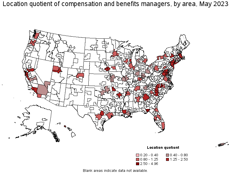 Map of location quotient of compensation and benefits managers by area, May 2023