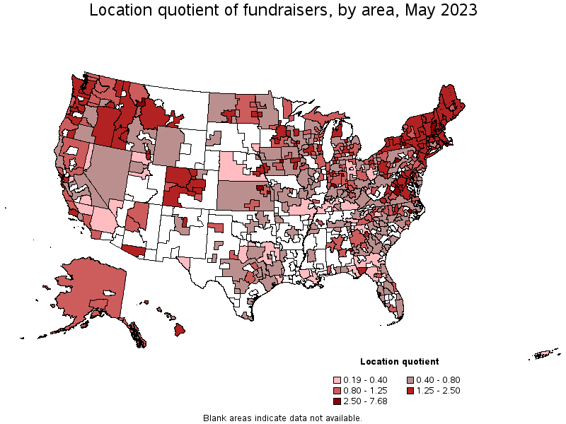 Map of location quotient of fundraisers by area, May 2023
