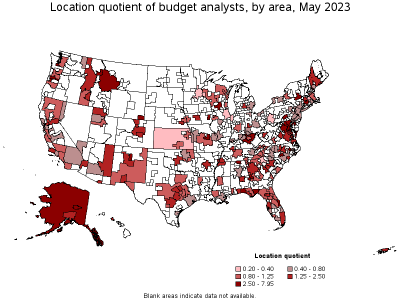 Map of location quotient of budget analysts by area, May 2023