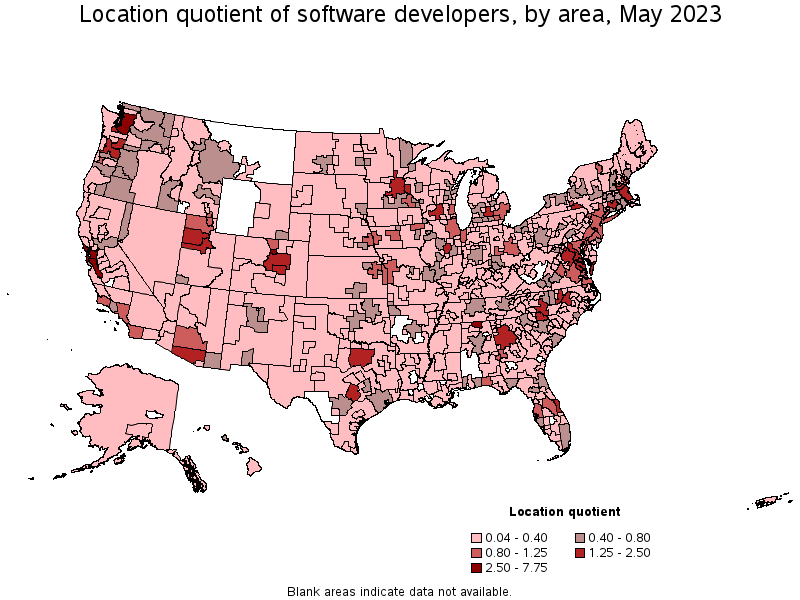 Map of location quotient of software developers by area, May 2023