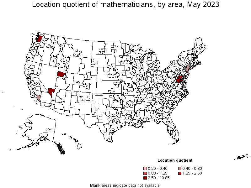 Map of location quotient of mathematicians by area, May 2023