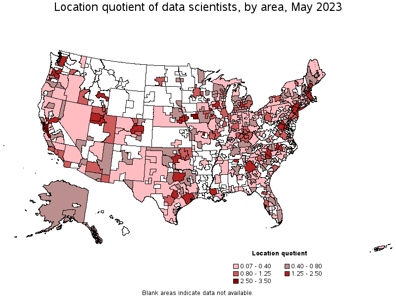 Map of location quotient of data scientists by area, May 2023