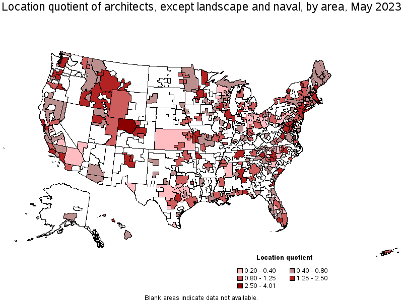 Map of location quotient of architects, except landscape and naval by area, May 2023
