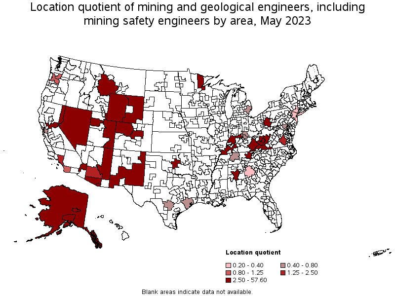 Map of location quotient of mining and geological engineers, including mining safety engineers by area, May 2023