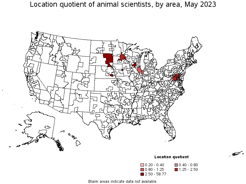 Map of location quotient of animal scientists by area, May 2023