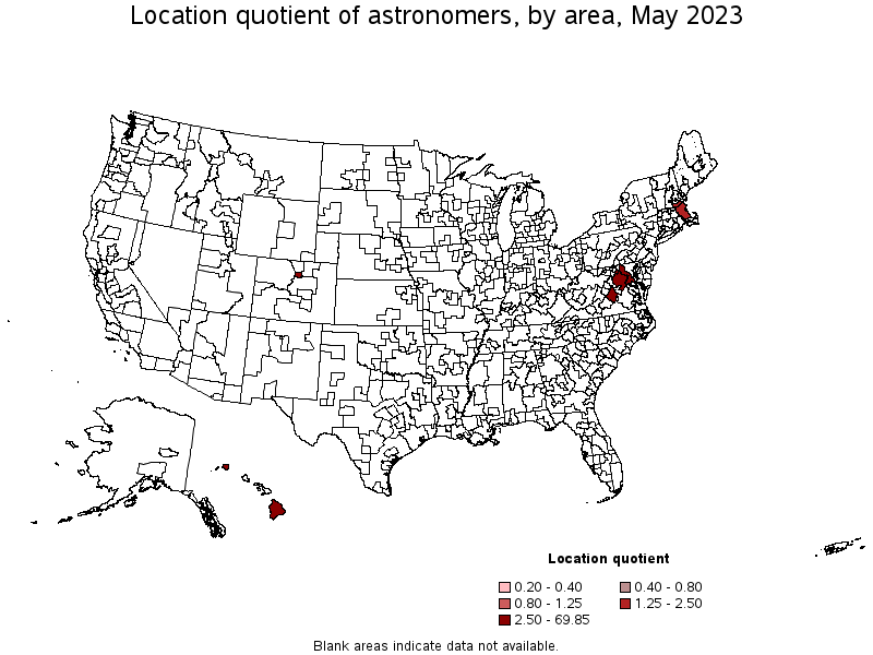 Map of location quotient of astronomers by area, May 2023