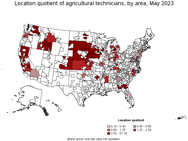 Map of location quotient of agricultural technicians by area, May 2023