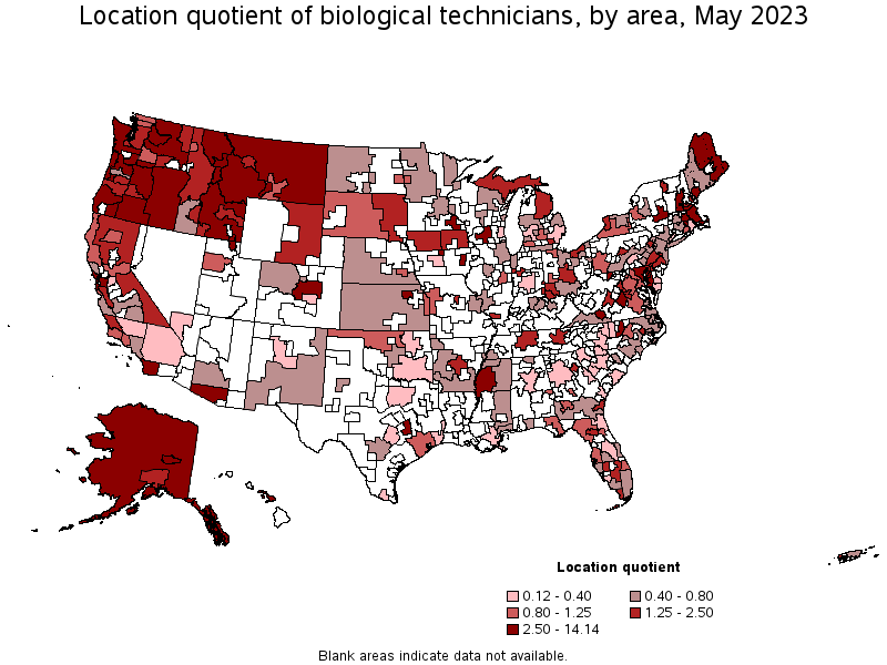 Map of location quotient of biological technicians by area, May 2023