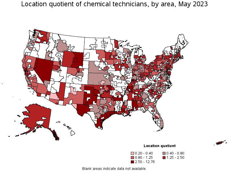 Map of location quotient of chemical technicians by area, May 2023