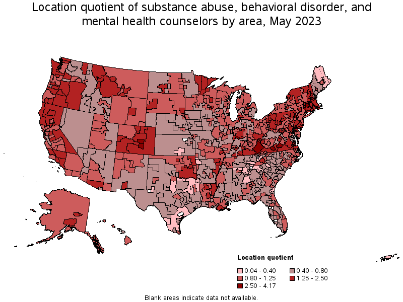 Map of location quotient of substance abuse, behavioral disorder, and mental health counselors by area, May 2023