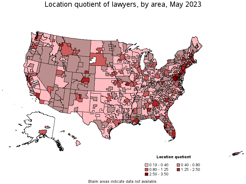Map of location quotient of lawyers by area, May 2023