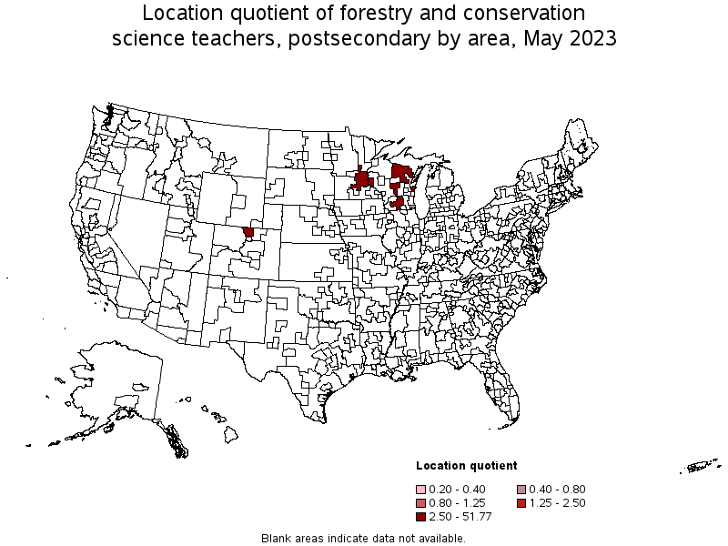 Map of location quotient of forestry and conservation science teachers, postsecondary by area, May 2023