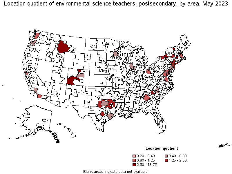Map of location quotient of environmental science teachers, postsecondary by area, May 2023