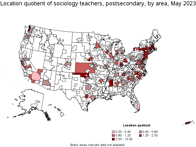 Map of location quotient of sociology teachers, postsecondary by area, May 2023