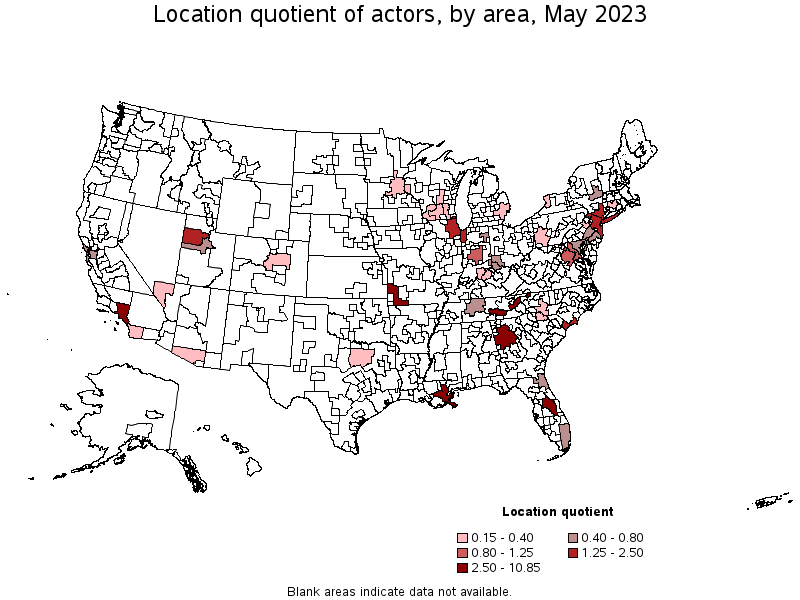 Map of location quotient of actors by area, May 2023