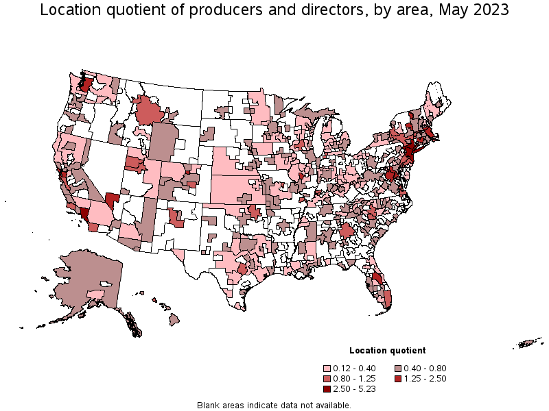 Map of location quotient of producers and directors by area, May 2023