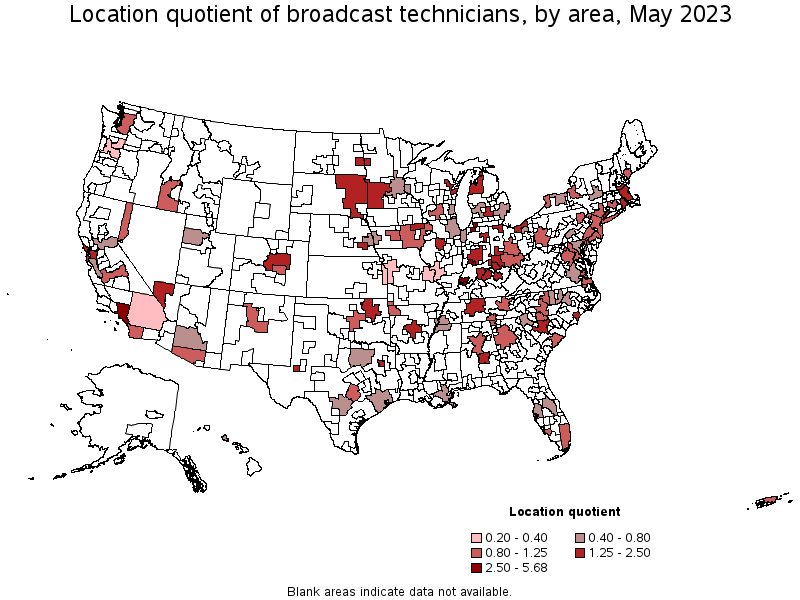 Map of location quotient of broadcast technicians by area, May 2023