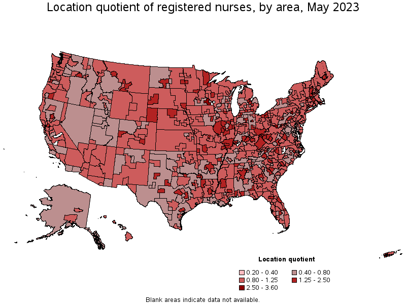 Map of location quotient of registered nurses by area, May 2023