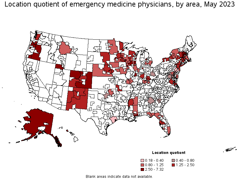 Map of location quotient of emergency medicine physicians by area, May 2023