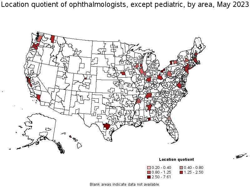 Map of location quotient of ophthalmologists, except pediatric by area, May 2023
