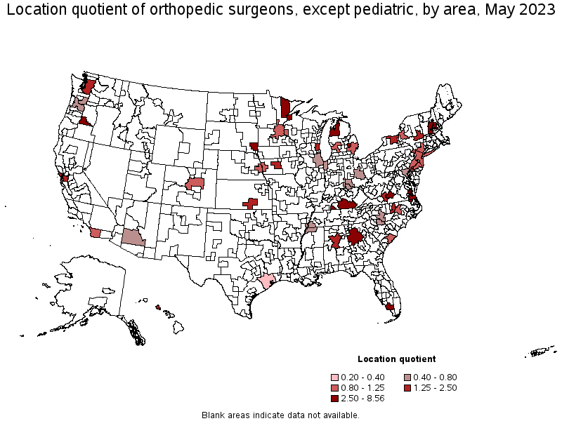 Map of location quotient of orthopedic surgeons, except pediatric by area, May 2023