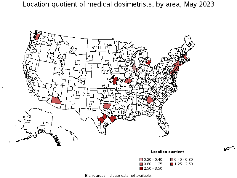 Map of location quotient of medical dosimetrists by area, May 2023