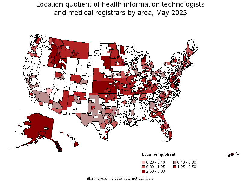 Map of location quotient of health information technologists and medical registrars by area, May 2023