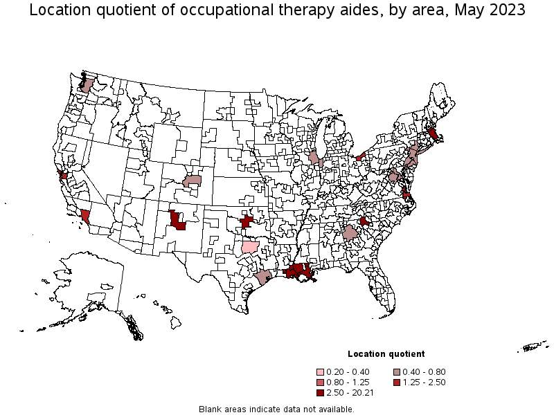 Map of location quotient of occupational therapy aides by area, May 2023