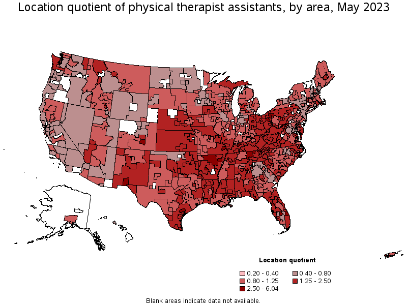 Map of location quotient of physical therapist assistants by area, May 2023