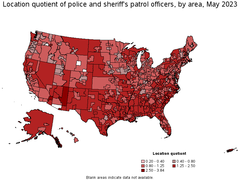 Map of location quotient of police and sheriff's patrol officers by area, May 2023