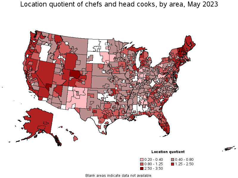 Map of location quotient of chefs and head cooks by area, May 2023