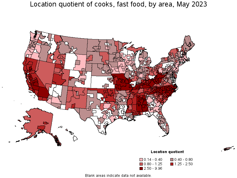 Map of location quotient of cooks, fast food by area, May 2023