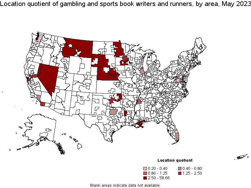 Map of location quotient of gambling and sports book writers and runners by area, May 2023