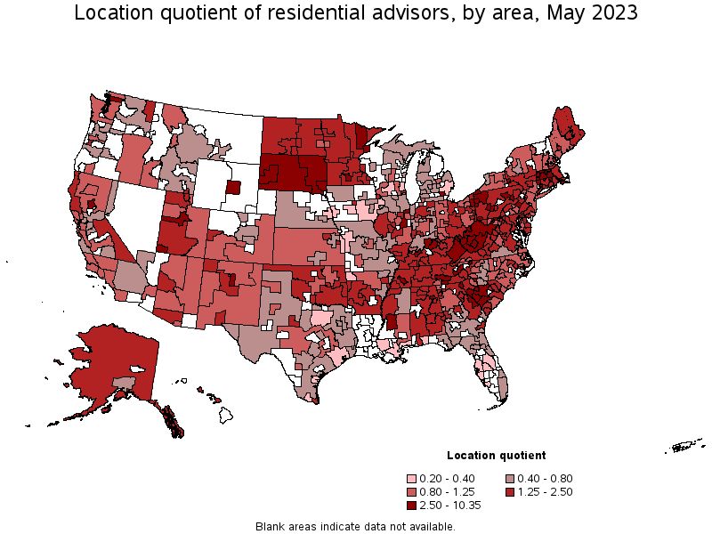 Map of location quotient of residential advisors by area, May 2023