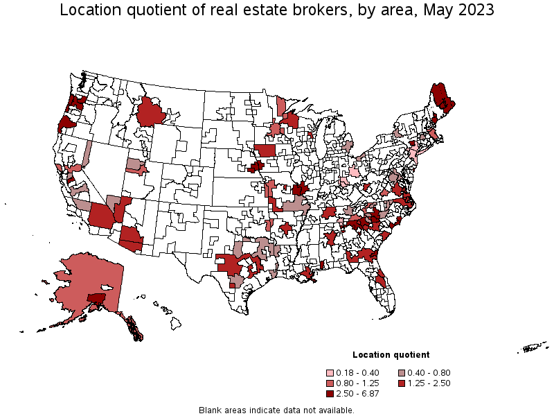 Map of location quotient of real estate brokers by area, May 2023