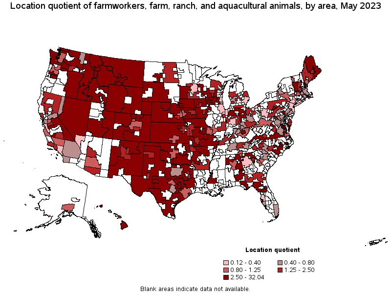 Map of location quotient of farmworkers, farm, ranch, and aquacultural animals by area, May 2023