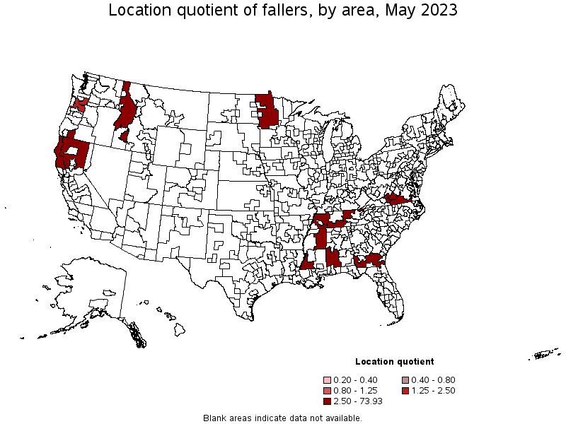 Map of location quotient of fallers by area, May 2023