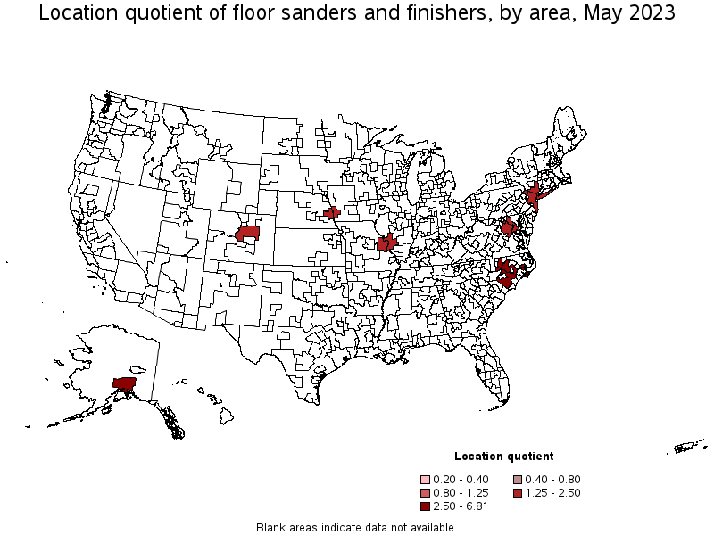Map of location quotient of floor sanders and finishers by area, May 2023