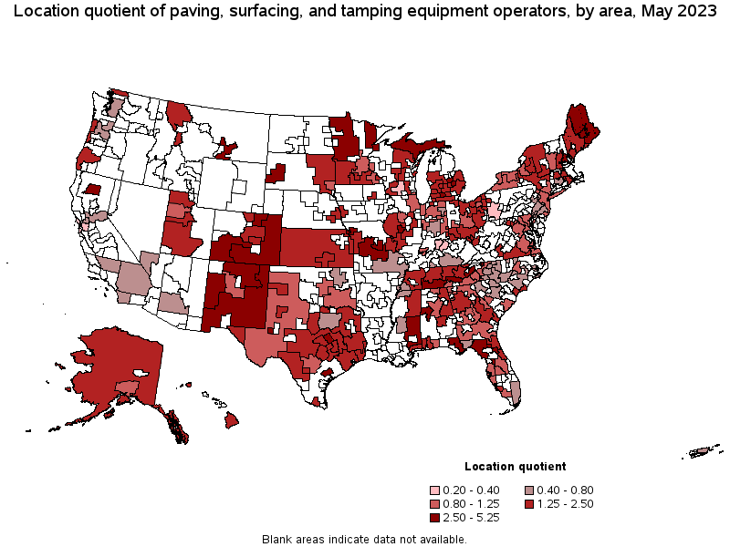 Map of location quotient of paving, surfacing, and tamping equipment operators by area, May 2023