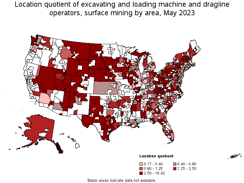 Map of location quotient of excavating and loading machine and dragline operators, surface mining by area, May 2023