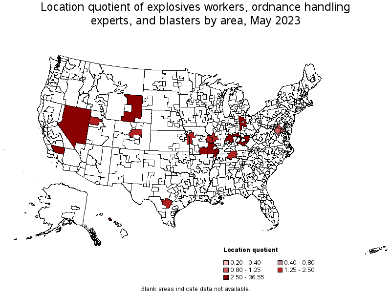 Map of location quotient of explosives workers, ordnance handling experts, and blasters by area, May 2023