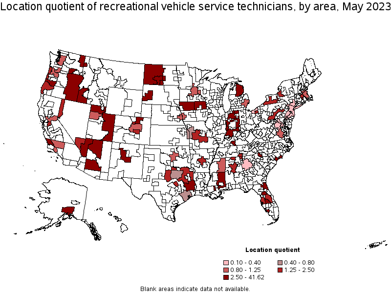 Map of location quotient of recreational vehicle service technicians by area, May 2023