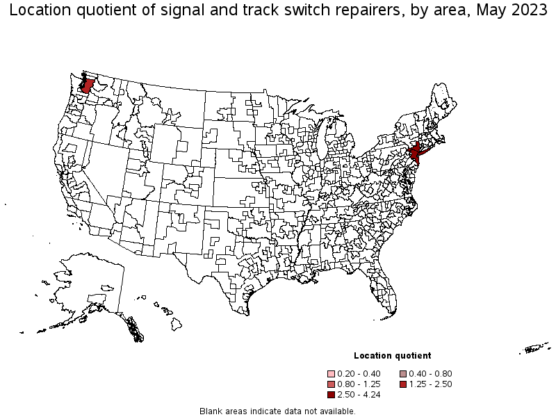 Map of location quotient of signal and track switch repairers by area, May 2023