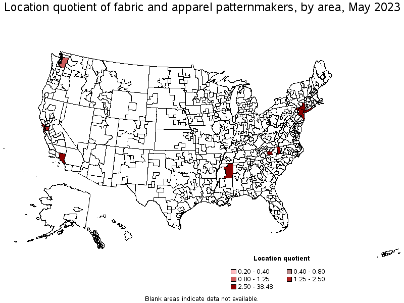 Map of location quotient of fabric and apparel patternmakers by area, May 2023