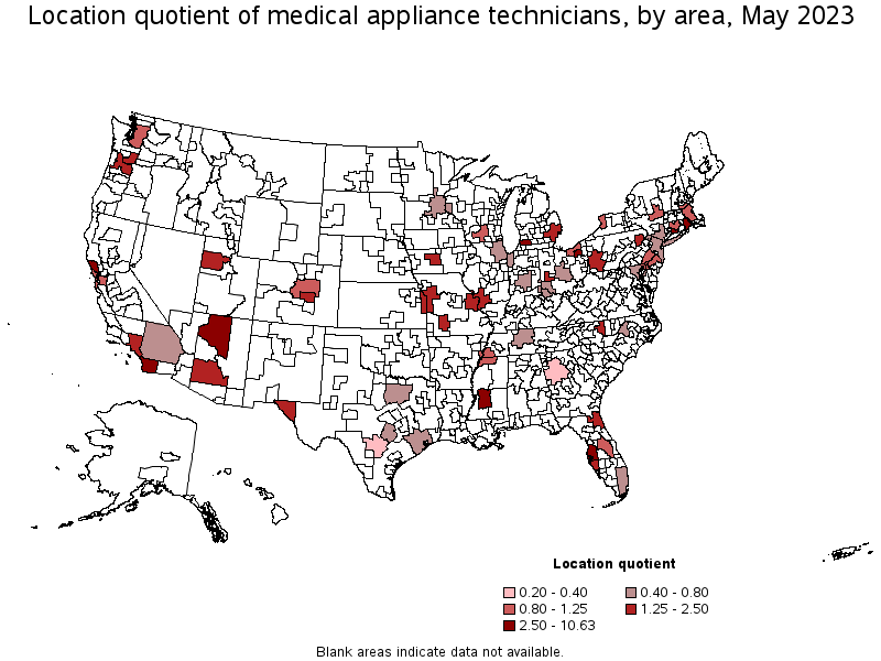 Map of location quotient of medical appliance technicians by area, May 2023