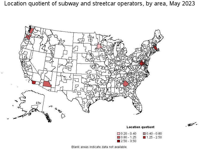 Map of location quotient of subway and streetcar operators by area, May 2023