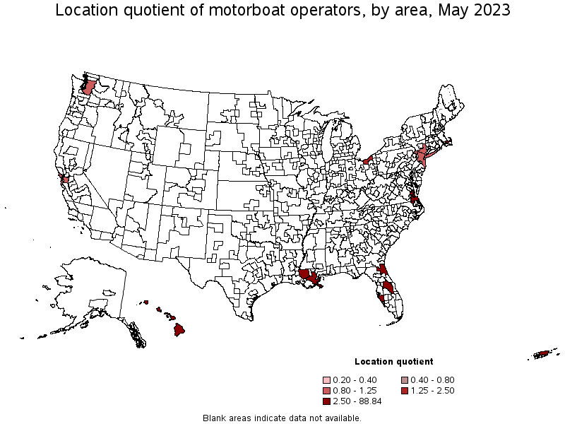 Map of location quotient of motorboat operators by area, May 2023