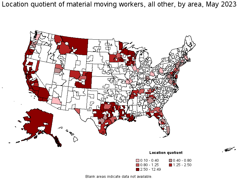 Map of location quotient of material moving workers, all other by area, May 2023