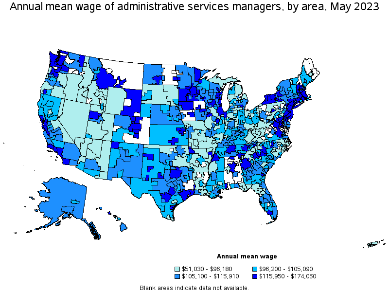 Map of annual mean wages of administrative services managers by area, May 2023